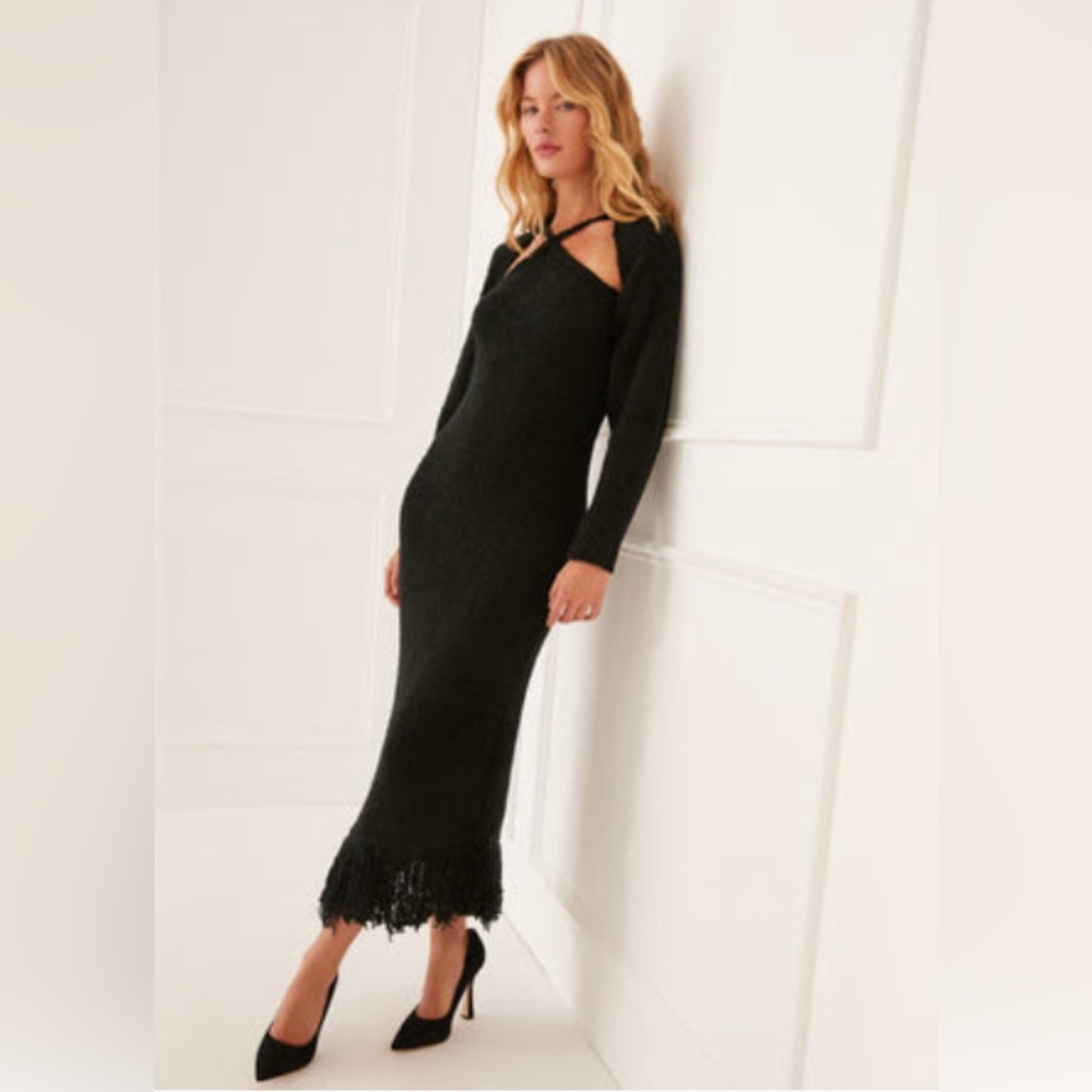 Something Navy - 2-pc Sweater Halter Dress with fringe at bottom with Shrug